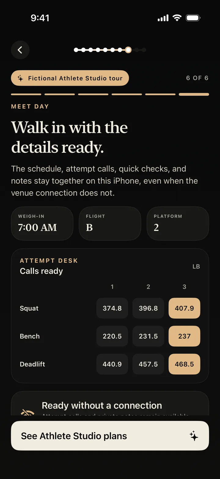 White Lights fictional offline Meet Day desk with schedule details and all nine attempt calls.