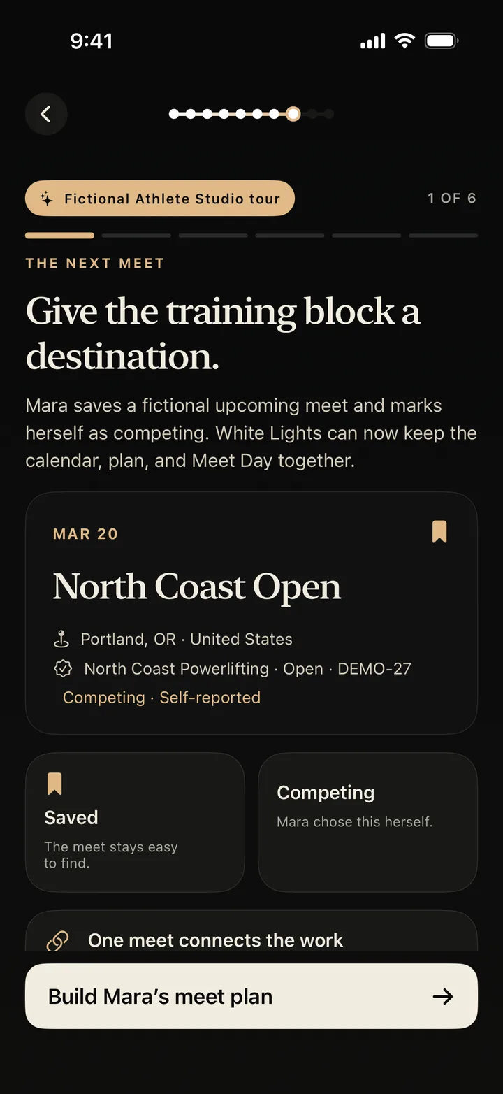 White Lights fictional tour showing Mara's saved North Coast Open meet and self-reported competing status.